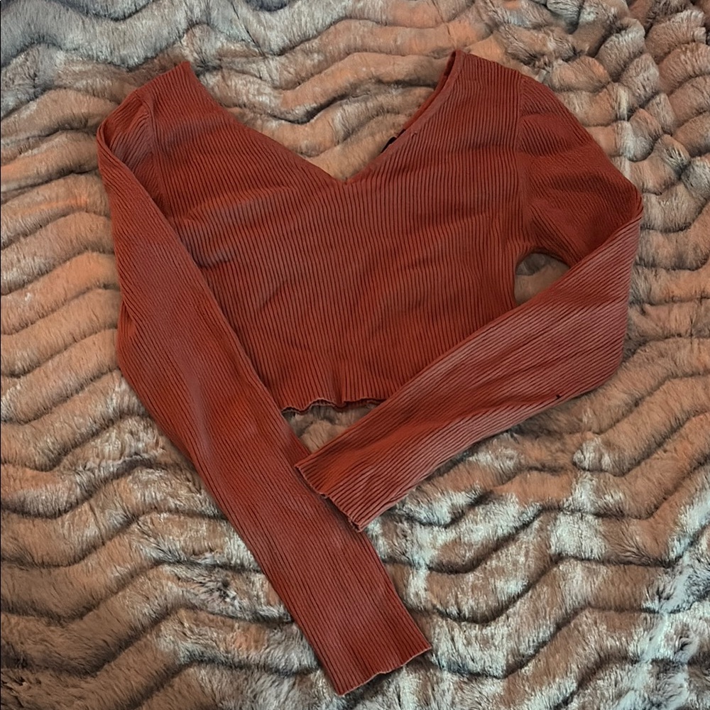 Elegant Rust V-Neck Ribbed Crop Top